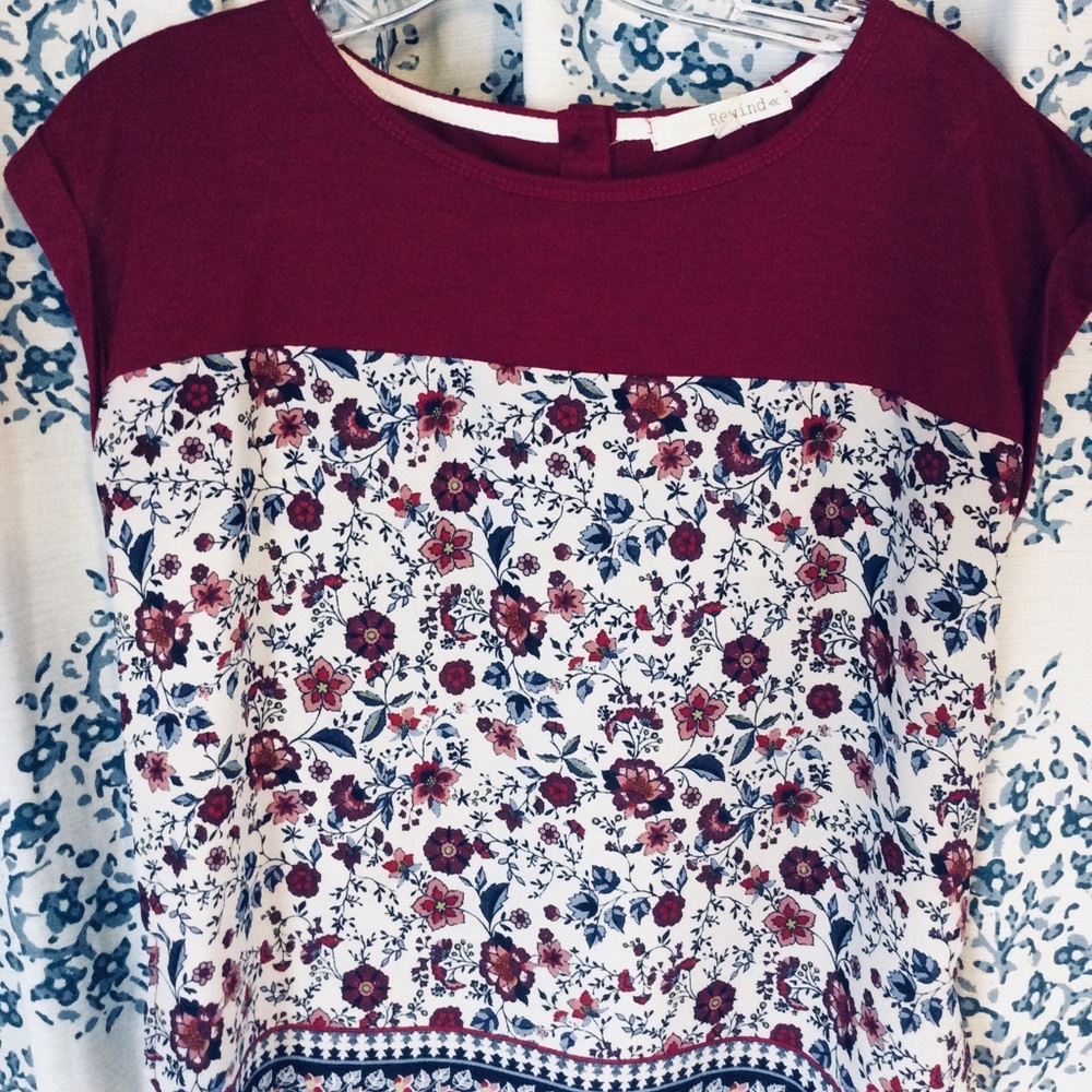 Floral and Maroon Color Block Top